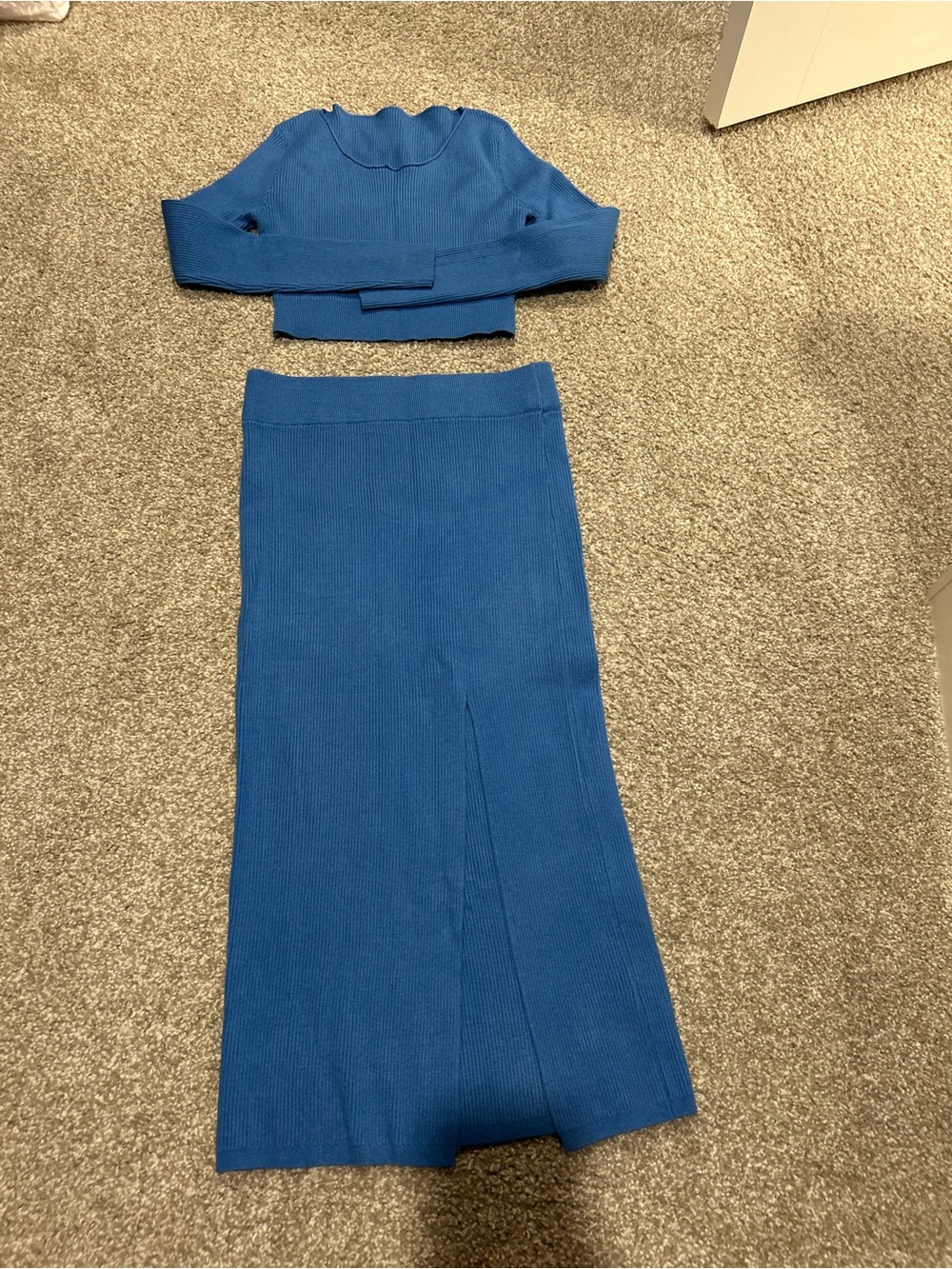 Blue Ribbed Knit Maxi Skirt
